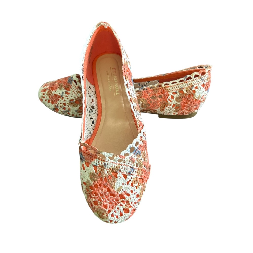 Fever Sole Floral Lace Ballet Flats Coral White Women's Size 8.5